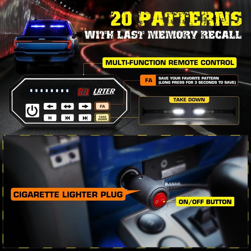 LRTER 2 in 1 Emergency Strobe Light Bar Safety Flashing Warning Hazard Caution Light Bar w/Digital Display Controller for Construction Vehicles Firefighter Trucks(2x17.7, Blue/White) - Image 5